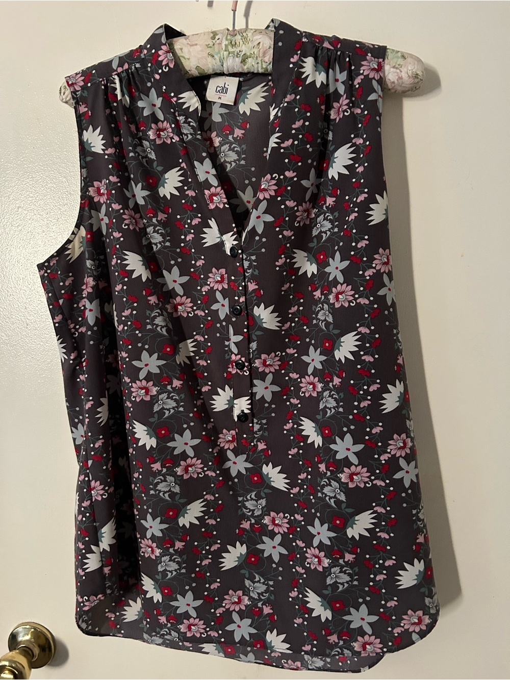 CAbi Charcoal Floral Sleeveless V-Neck Camisole with Pink Accents